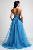 Azzurro A Line Spaghetti Straps Abito lungo da ballo con fessura