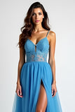 Azzurro A Line Spaghetti Straps Abito lungo da ballo con fessura