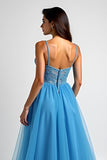 Azzurro A Line Spaghetti Straps Abito lungo da ballo con fessura
