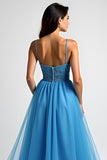 Azzurro A Line Spaghetti Straps Abito lungo da ballo con fessura