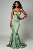 Dusty Sage Matte Satin Mermaid Abito da ballo lungo senza spalline