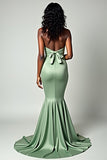 Dusty Sage Matte Satin Mermaid Abito da ballo lungo senza spalline