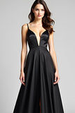Spaghetti Straps A Line Satin Black Tie Dress con fessura