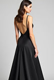 Spaghetti Straps A Line Satin Black Tie Dress con fessura