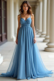 Blu Organza Spaghetti Straps Una linea increspato Abito da Cerimonia