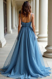 Blu Organza Spaghetti Straps Una linea increspato Abito da Cerimonia