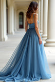 Blu Organza Spaghetti Straps Una linea increspato Abito da Cerimonia