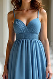 Blu Organza Spaghetti Straps Una linea increspato Abito da Cerimonia