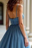 Blu Organza Spaghetti Straps Una linea increspato Abito da Cerimonia