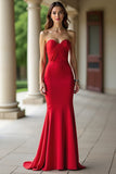 Rosso Stretch Raso Guaina Sweetheart Increspato Abito da Cerimonia
