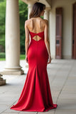 Rosso Stretch Raso Guaina Sweetheart Increspato Abito da Cerimonia
