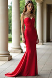 Rosso Stretch Raso Guaina Sweetheart Increspato Abito da Cerimonia