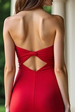 Rosso Stretch Raso Guaina Sweetheart Increspato Abito da Cerimonia