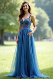 Sparkly grigio blu organza spaghetti cinghie una linea Abito da Cerimonia