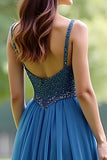 Sparkly grigio blu organza spaghetti cinghie una linea Abito da Cerimonia