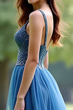 Sparkly grigio blu organza spaghetti cinghie una linea Abito da Cerimonia