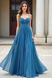 Blu Chiffon A Line Spaghetti Straps Increspato Abito da Cerimonia