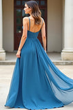Blu Chiffon A Line Spaghetti Straps Increspato Abito da Cerimonia