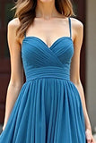 Blu Chiffon A Line Spaghetti Straps Increspato Abito da Cerimonia