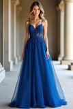 Una linea blu scuro Spaghetti Straps Sweetheart lungo Abito da Cerimonia