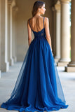 Una linea blu scuro Spaghetti Straps Sweetheart lungo Abito da Cerimonia