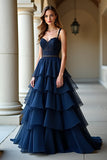 Navy A Line Spaghetti Straps Abito lungo da ballo con volant