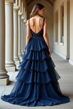 Navy A Line Spaghetti Straps Abito lungo da ballo con volant