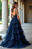 Navy A Line Spaghetti Straps Abito lungo da ballo con volant