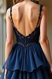 Navy A Line Spaghetti Straps Abito lungo da ballo con volant