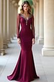 Abito lungo formale a sirena bordeaux scintillante con scollo a V con maniche lunghe