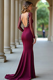 Abito lungo formale a sirena bordeaux scintillante con scollo a V con maniche lunghe