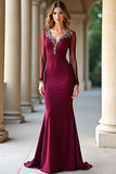 Abito lungo formale a sirena bordeaux scintillante con scollo a V con maniche lunghe