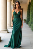 Guaina verde scuro Spaghetti Straps Matte Satin Abito da Cerimonia