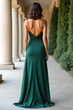 Guaina verde scuro Spaghetti Straps Matte Satin Abito da Cerimonia