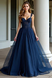 Navy Spaghetti Straps A Line Lace Abito da ballo lungo
