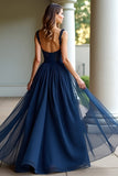 Navy Spaghetti Straps A Line Lace Abito da ballo lungo