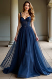 Navy Spaghetti Straps A Line Lace Abito da ballo lungo