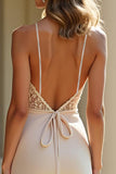 Guaina Champagne Stretch Raso Spaghetti Straps Abito lungo da ballo