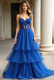 Una linea Royal Blue Spaghetti Straps Lace Abito lungo da ballo