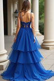 Una linea Royal Blue Spaghetti Straps Lace Abito lungo da ballo