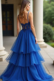 Una linea Royal Blue Spaghetti Straps Lace Abito lungo da ballo