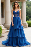 Pizzo blu scuro una linea a più livelli Spaghetti Straps lungo Abito da Cerimonia