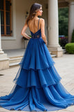 Pizzo blu scuro una linea a più livelli Spaghetti Straps lungo Abito da Cerimonia