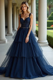Navy A Line Spaghetti Straps Tiered Lace Abito da ballo lungo