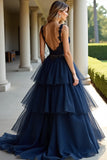 Navy A Line Spaghetti Straps Tiered Lace Abito da ballo lungo