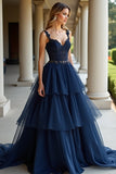 Navy A Line Spaghetti Straps Tiered Lace Abito da ballo lungo