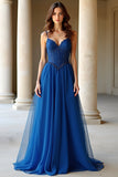 Blu scuro A Line Spaghetti Straps Organza Abito lungo da ballo