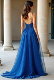 Blu scuro A Line Spaghetti Straps Organza Abito lungo da ballo