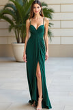 Guaina verde scuro Spaghetti Straps Abito lungo da ballo con fessura