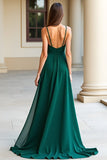 Guaina verde scuro Spaghetti Straps Abito lungo da ballo con fessura
